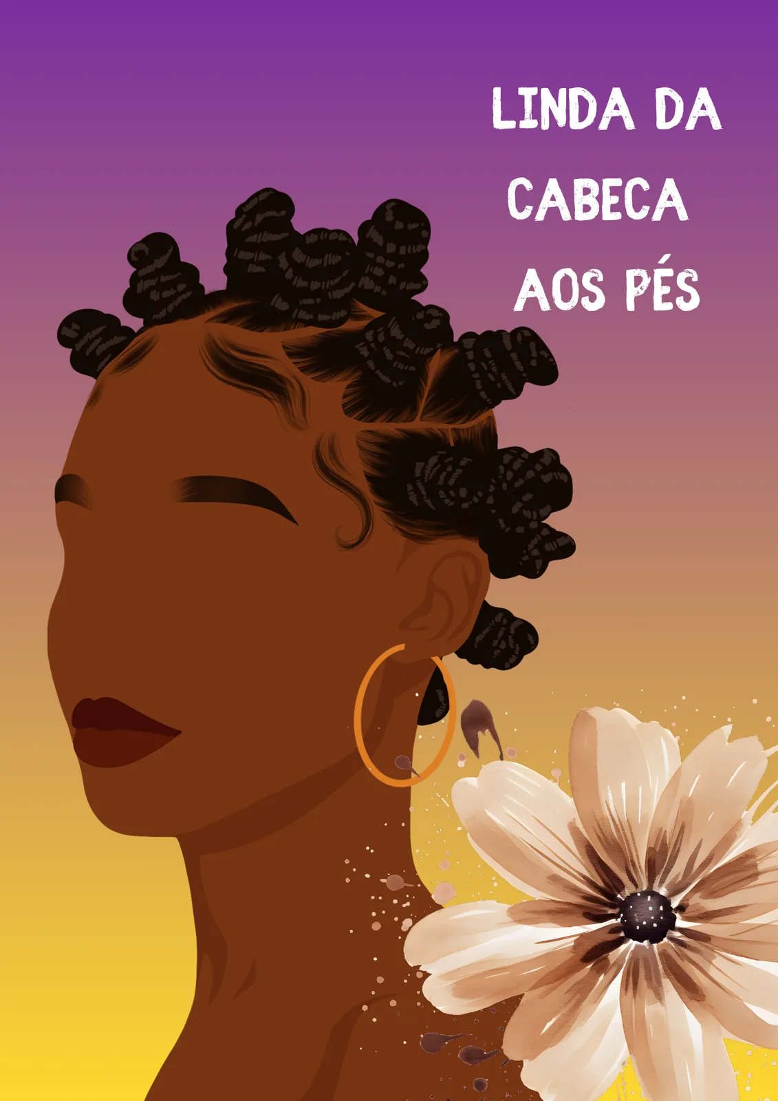Cartão de Lembrança com retrato de mulher de coques e uma flor sobre fundo roxo e amarelo, com a frase Linda da cabeça aos pés